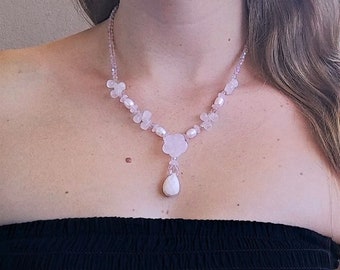 Art Nouveau necklace in Rose quartz and Opal with crystal beads and pink pearls - UNIQUE PIECE