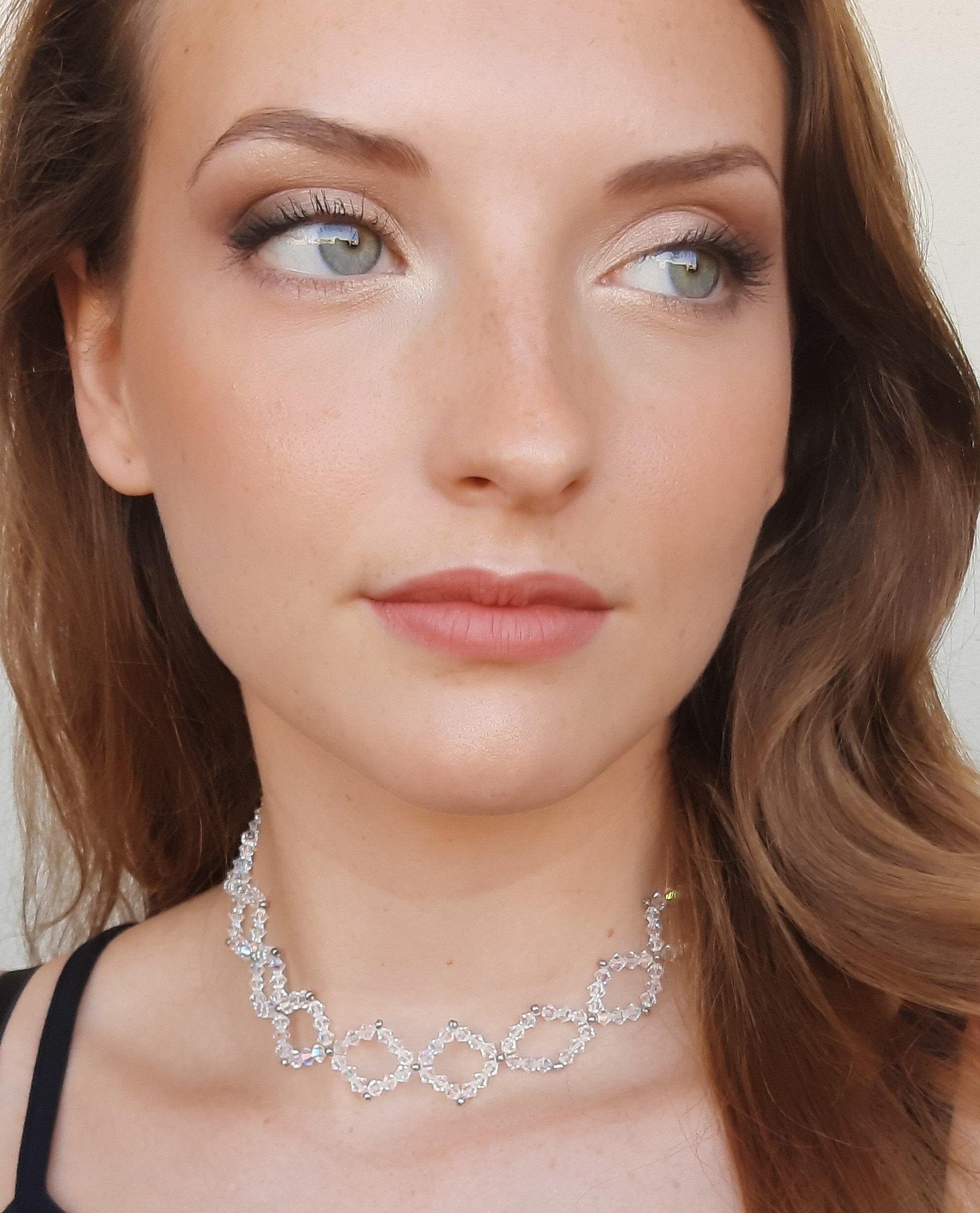Double Tone Swarovski Crystal Beaded Necklace - Hypoallergenic Silver Sparkling Necklace For Ladies Wear