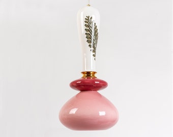 Pendant Ceramic Lamp, Hanging Ceiling Lamp, Handmade Design,Printed Decoration of Green Leaves, Clay-light Artwork, Unique Light Fixture