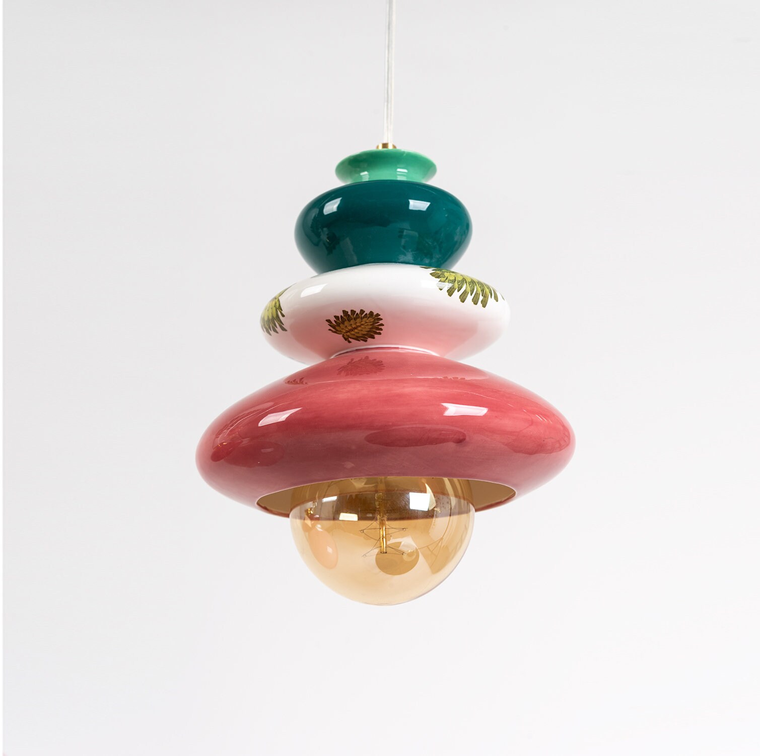 Lampe en Céramique Pendant, Abat-Jour Suspendu, Design Fait Main, Décoré d'imprimés Céramique, Créat