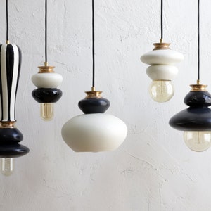 Black and white Pendant lamp, ceramic handmade light fixture image 5