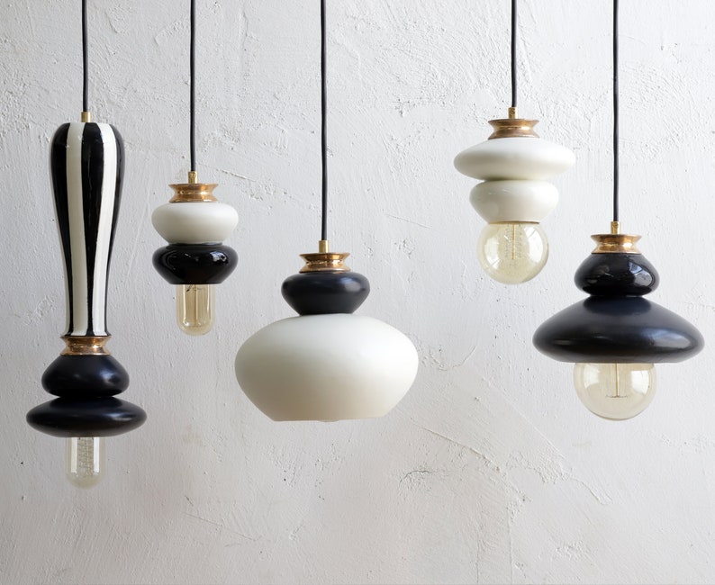 Black and white Pendant lamp, ceramic handmade light fixture image 5