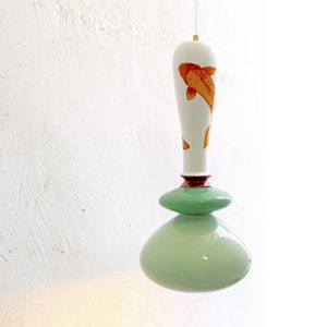 Pendant Ceramic Lamp, Hanging Ceiling Lamp, Handmade Design,Printed Decoration of Green Leaves, Unique Light Fixture