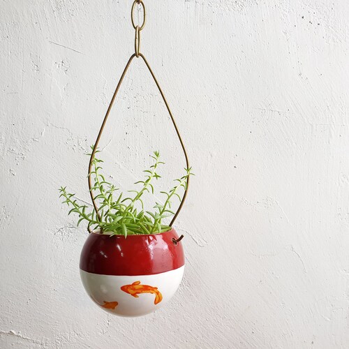 Ceramic hanging planter for shops live house plants, maroon plant pot with koi fish prints