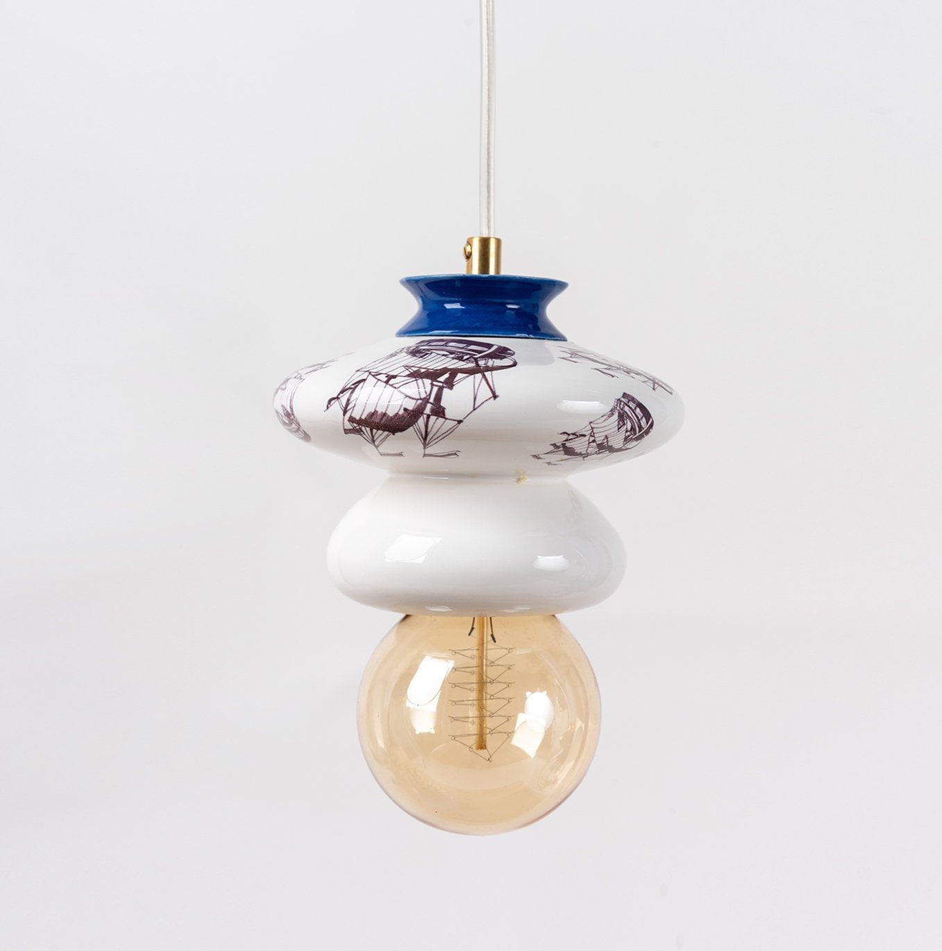 Lampe en Céramique Pendant Hanging Abat-Jour Design Fait à La Main Décoré avec Des Impressions Artis