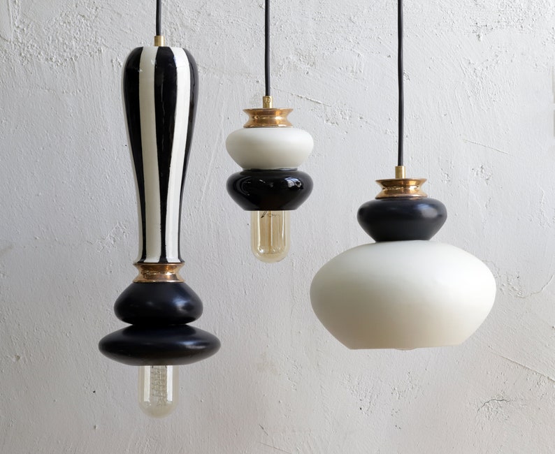 Black and white Pendant lamp, ceramic handmade light fixture image 4