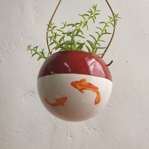 Ceramic hanging planter for shops live house plants, maroon plant pot with koi fish prints