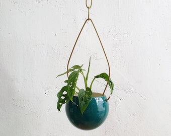Ceramic Hanging Planter, Green Plant Pot for live house plants