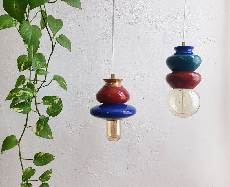 Blue Pendant Ceramic Lamp, Hanging Lampshade, Handmade Design, Contemporary Artwork Creation, Unique Light Fixture Gift image 5