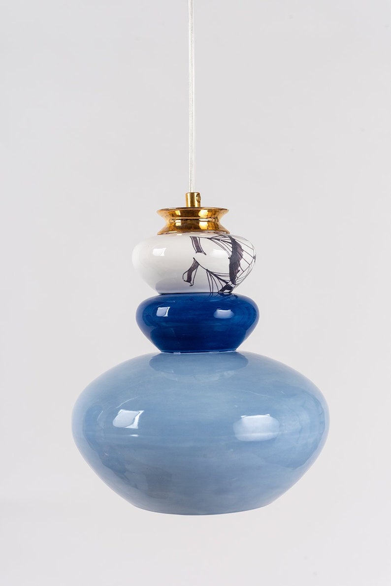 Pendant Ceramic Lamp, Hanging Lampshade, Handmade Design, Decorated with Ceramic Prints, Unique Light Fixture Gift image 2