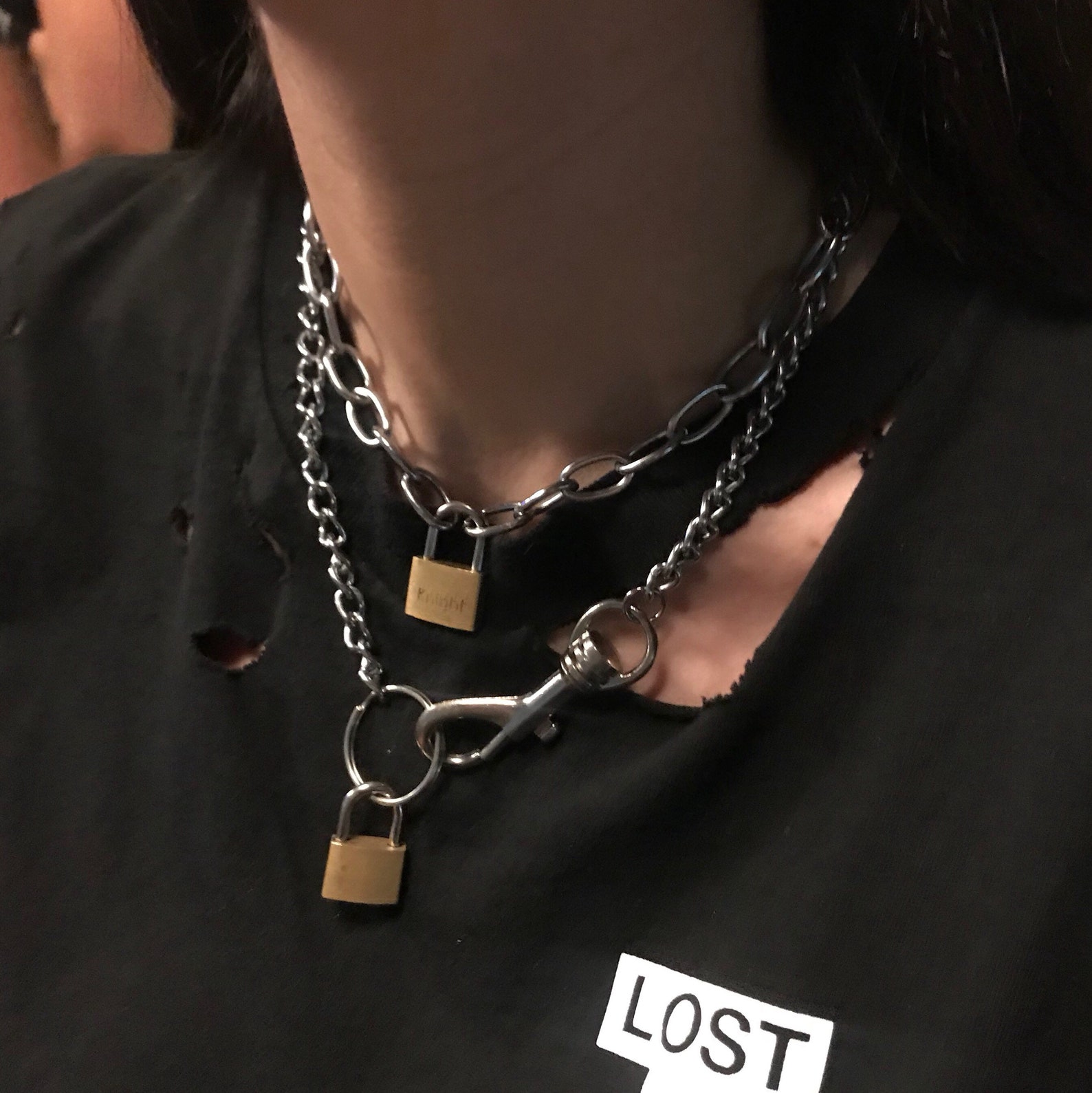 Double Chain Necklace With Padlock Detail Etsy