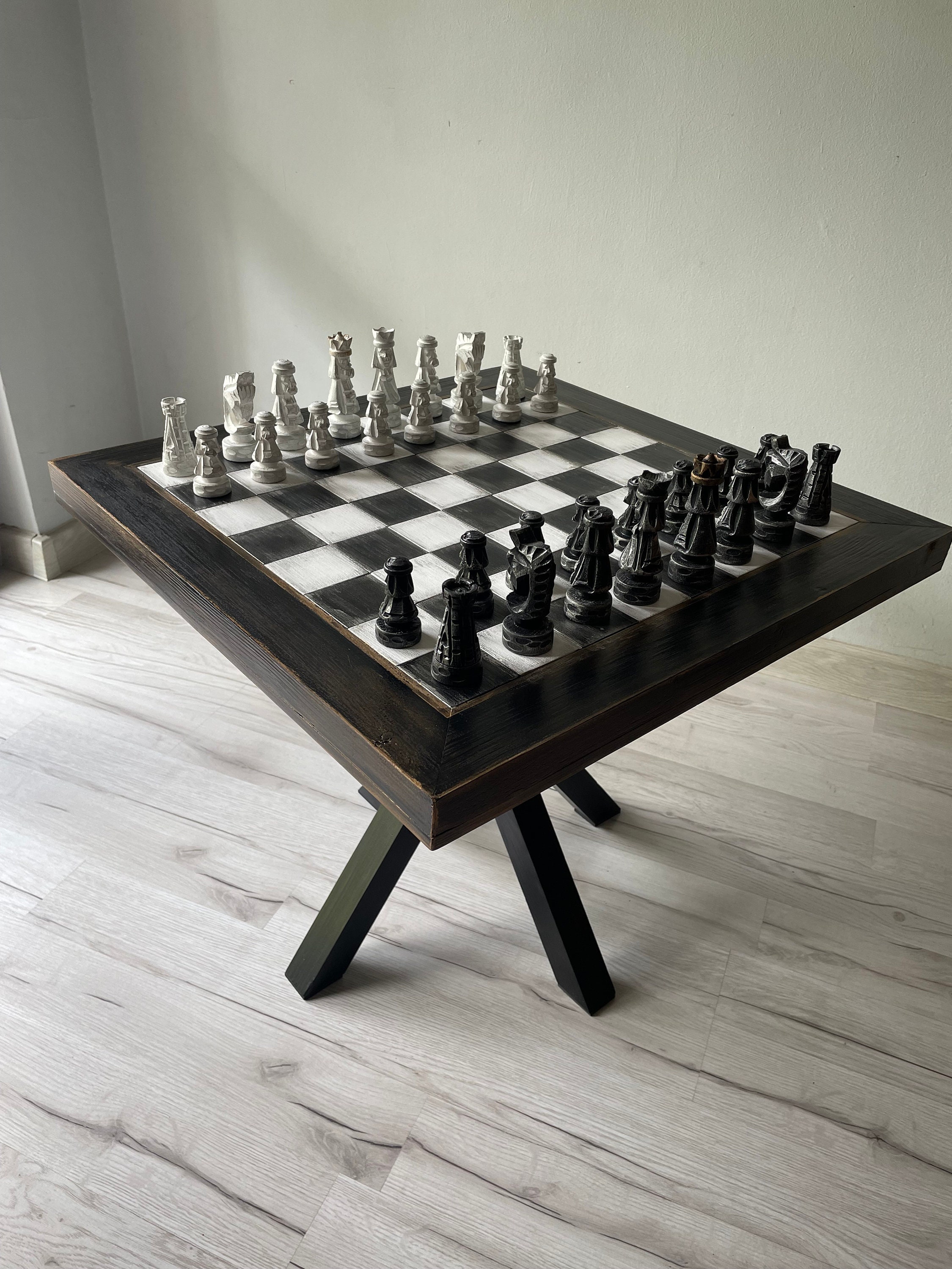 CHESS TABLE Table Wood Industrial Game Board Antiqued Effect Pieces