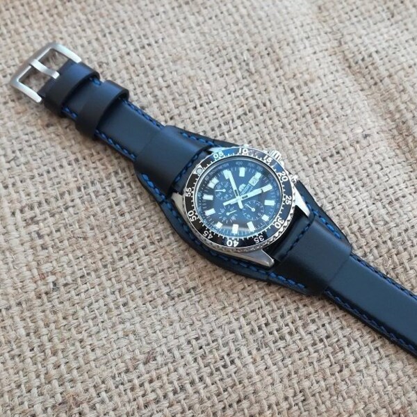 Black genuine leather Cuff watch band 18 mm 20 mm 22 mm 24 mm,  Leather watch strap