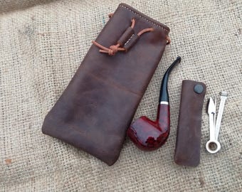Set of leather pipe pouch and leather pipe tool case, Leather pipe pocket