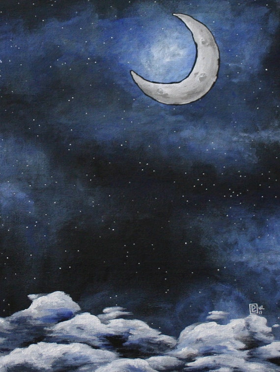 Print Of Original Acrylic Moon Painting Night Sky Stars Blue Black Clouds Home Decor By Lizpaloart