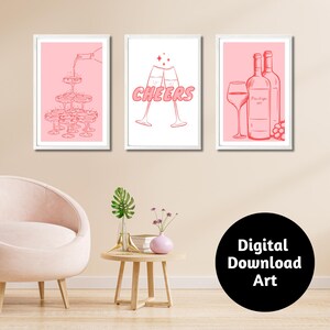 Pink and Red Girly Cocktail Wall Art -Trendy Digital Prints for Bar Décor, Cheers & Drinks Themed Artwork | 3 Photos