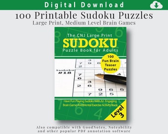 May include: A green book cover with the title "The CNJ Large Print Sudoku Puzzle Book for Adults". The cover features a Sudoku puzzle grid with numbers and a pen. The book contains 100 Sudoku puzzles and is labeled as "Level 3" difficulty.