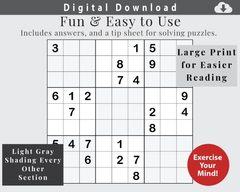 Large Print Sudoku Puzzles Printable Sudoku Puzzle Book - Etsy