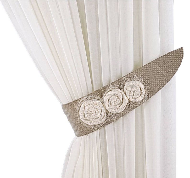 Tie backs Flower tiebacks Burlap decor Curtain tiebacks Rustic tiebacks Gray decor Curtain decor Cottage chic Burlap tie backs