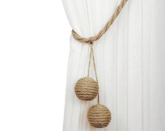 Jute balls tiebacks, Curtain tiebacks, Beach decor, Rope tie back, Jute decor, Cottage chic, Drapery tiebacks rope, Jute balls decoration