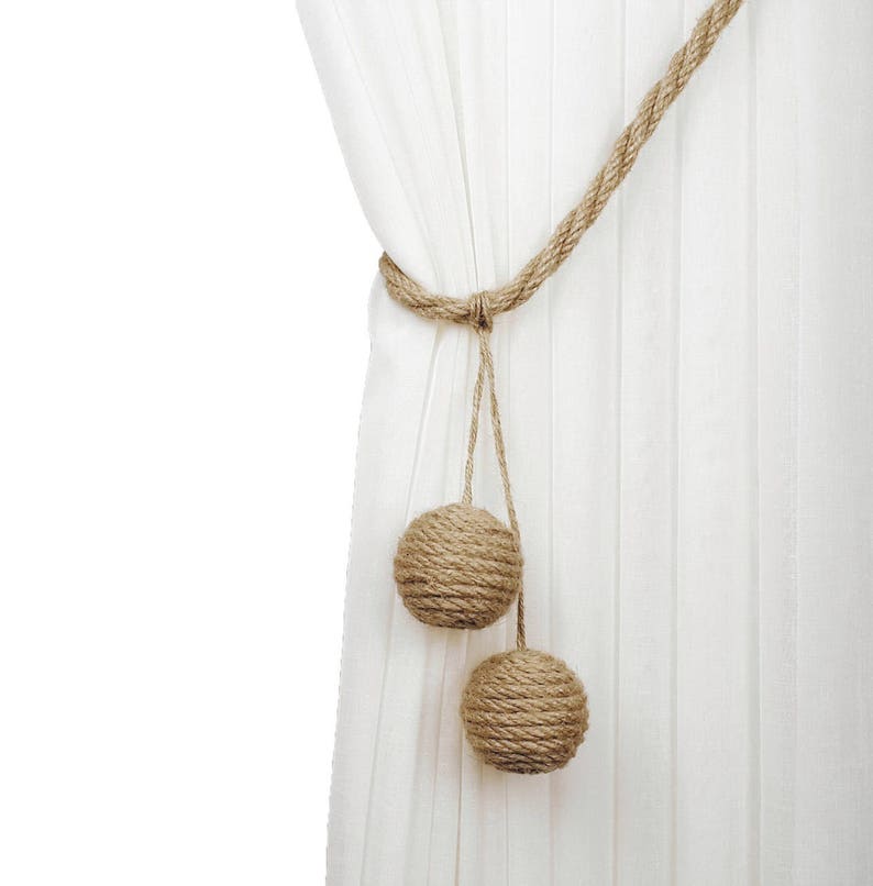 Jute balls tiebacks, Curtain tiebacks, Beach decor, Rope tie back, Jute decor, Cottage chic, Drapery tiebacks rope, Jute balls decoration image 1