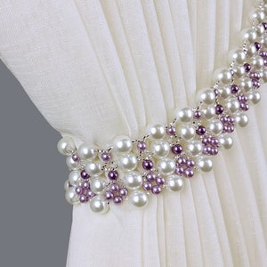 Curtain tie back Pearl lilac Beads tiebacks White pearl purple beaded Pearl decor Drapery ties Tie back pearl Curtain tie back