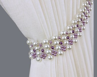 Pearl Curtain Tie Back Lilac & White Beaded Drapery Tie