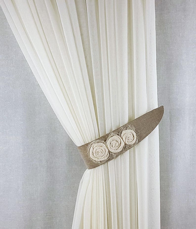 Tie backs Flower tiebacks Burlap decor Curtain tiebacks Rustic tiebacks Gray decor Curtain decor Cottage chic Burlap tie backs