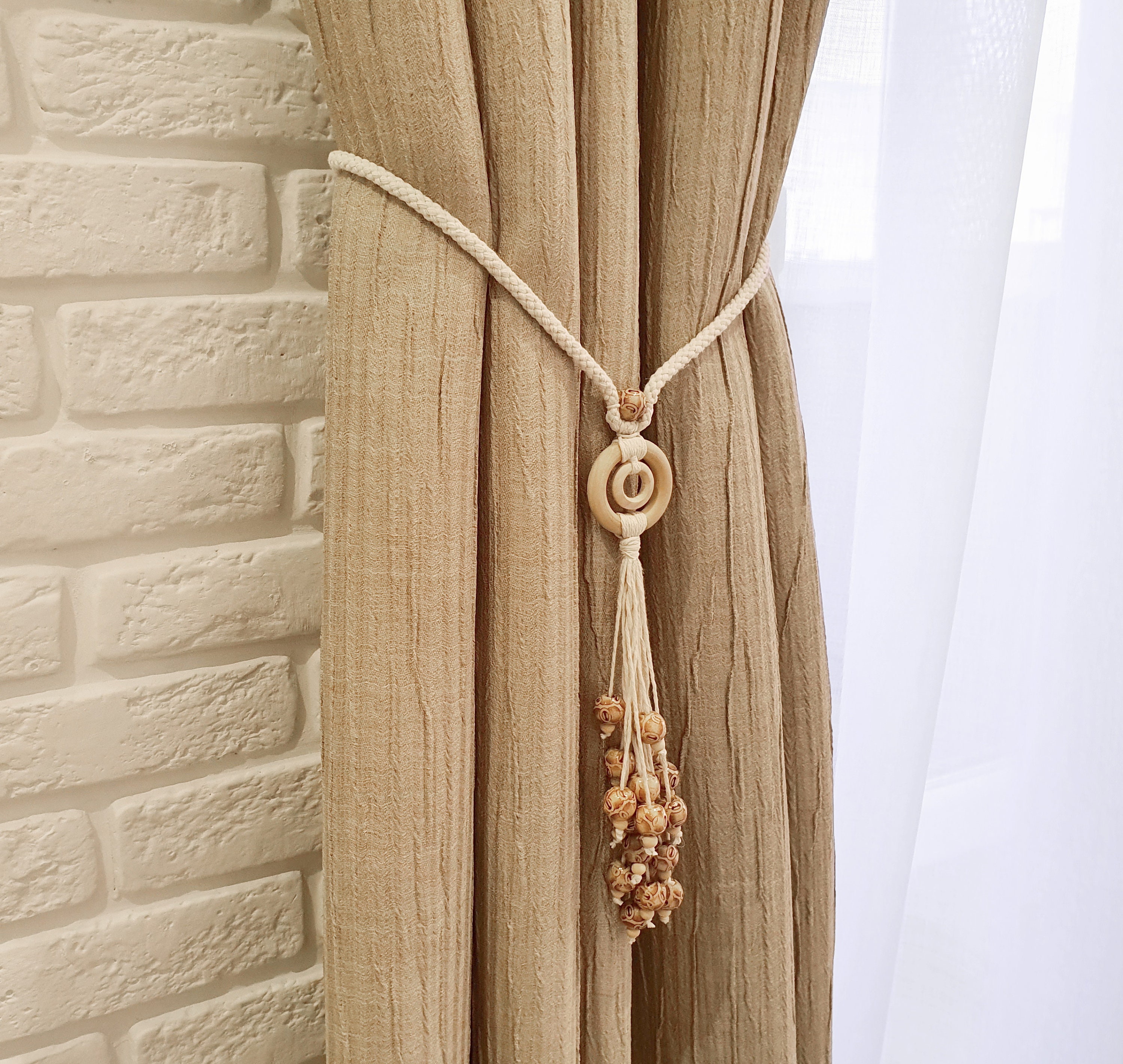 Wood beads tiebacks Curtain tiebacks beige White Cotton rope Etsy