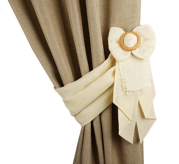 Curtain Tie Back Cream Burlap Bow Tiebacks Shabby Chic Etsy