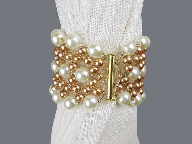 Curtain Tie Back Pearl Gold Woven Beaded Tiebacks, Drapery Tie, Rose Gold, Cream Tie Back Pearl