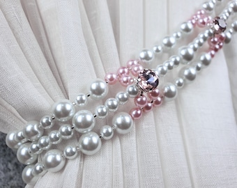 Pearl & Pink Rhinestone Curtain Tiebacks: Beaded Bedroom Decor