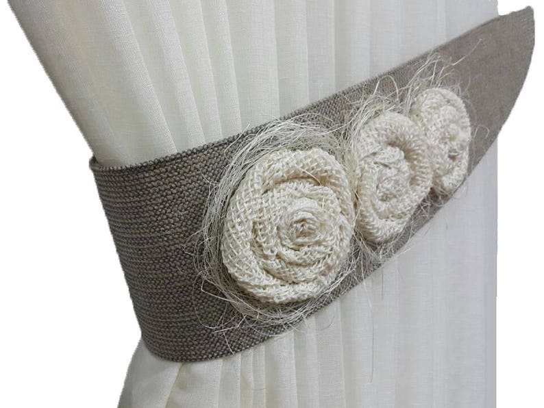 Tie backs Flower tiebacks Burlap decor Curtain tiebacks Rustic tiebacks Gray decor Curtain decor Cottage chic Burlap tie backs
