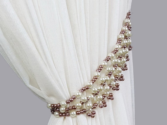 Curtain Tie Back Pearl Brown Beads Tiebacks, Cream Pearl Beaded