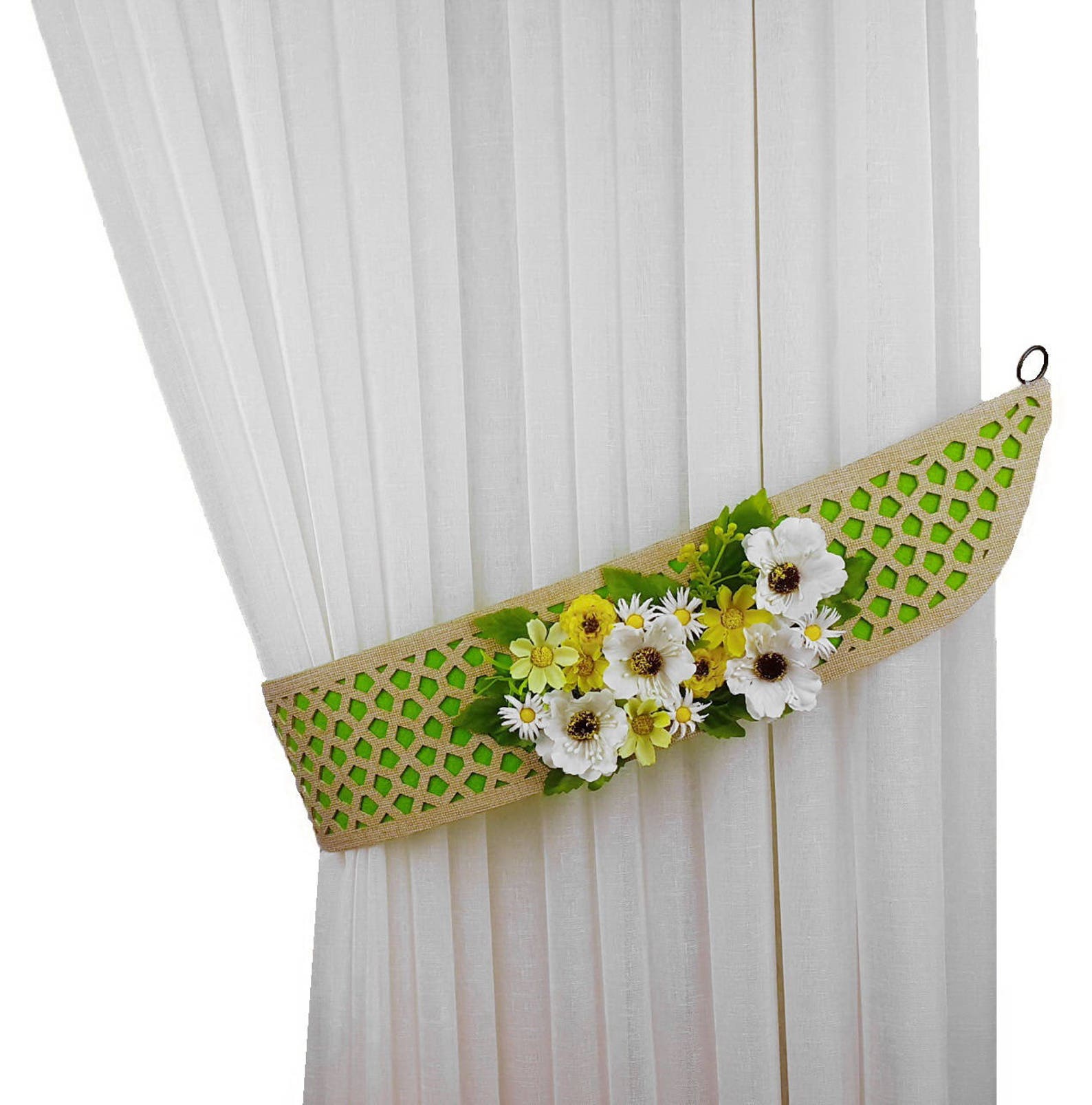 Curtain Tiebacks Flower Tiebacks Green Flower Decor Cottage Etsy