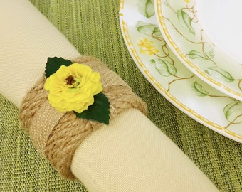 Set of 6 napkin rings, Jute napkin rings, Tableware ring, Serviette Rings, Yellow Napkin holders, Country wedding, Yellow decor, Jute decor