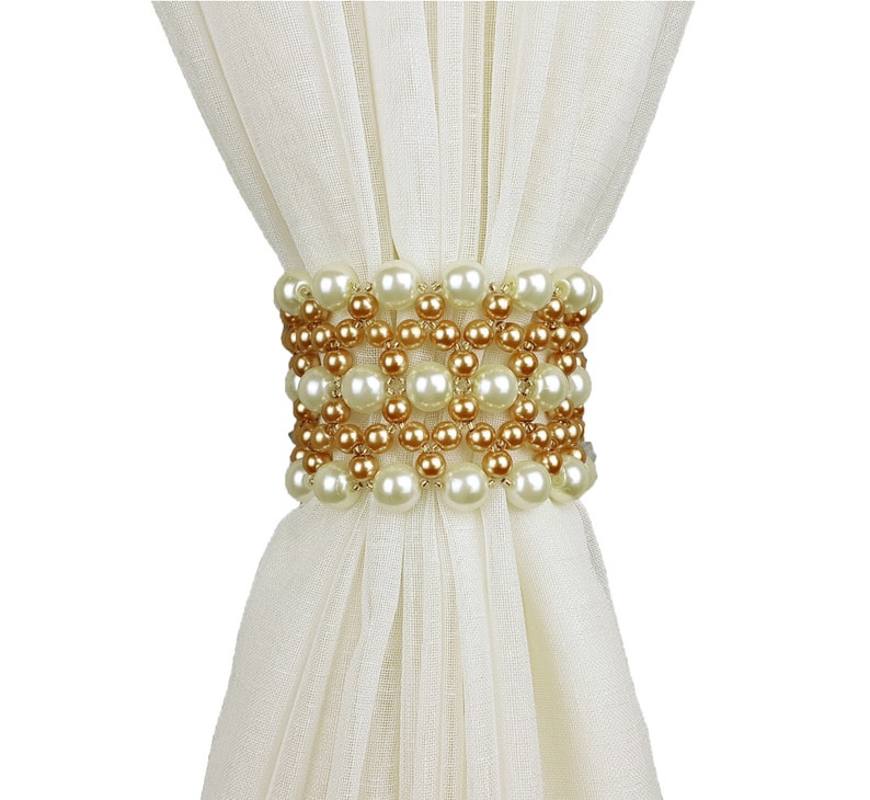 Curtain Tie Back Pearl Gold Woven Beaded Tiebacks, Drapery Tie, Rose Gold, Cream Tie Back Pearl