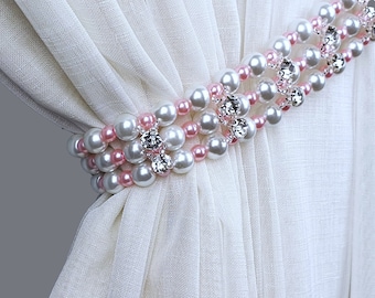 Pearl Curtain Tie Back Pink, White Beads & Rhinestones