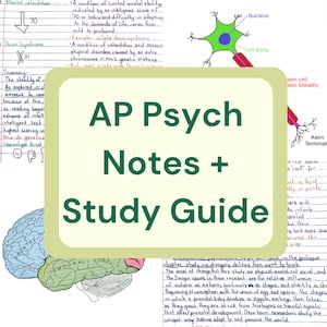 以下が含まれることがあります： 緑と白のAP心理学のスタディガイド。大きな緑色の文字で「AP Psych Notes + Study Guide」と書いてあります。ガイドには、脳、ニューロン、子供の成長に関するノートが含まれています。