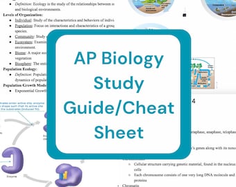 May include: A colorful study guide cheat sheet for AP Biology. The sheet includes diagrams of cellular structures, a water cycle, and an enzyme reaction. The text on the sheet includes "AP Biology Study Guide/Cheat Sheet".