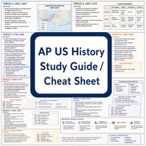 May include: A study guide and cheat sheet for AP US History, featuring key periods from 1491 to the present. The guide includes timelines, major events, and important themes, with sections on exploration, colonial regions, and reforms.