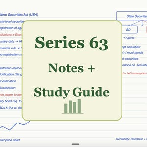 May include: A study guide for Series 63, with the title in large green letters on a light green background. The guide includes notes and a chart, with additional text about securities and regulations.