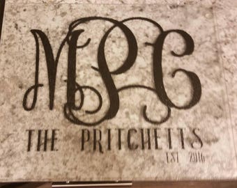 Custom monogram glass cutting board 12 by 15