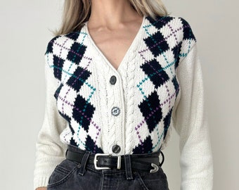 White + Black Vintage Argyle Cardigan