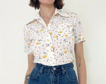 White Floral Short Sleeve Button Up