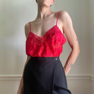 Y2K Lace Cami Top Stretch Sheer Camisole Transparent Red Medium