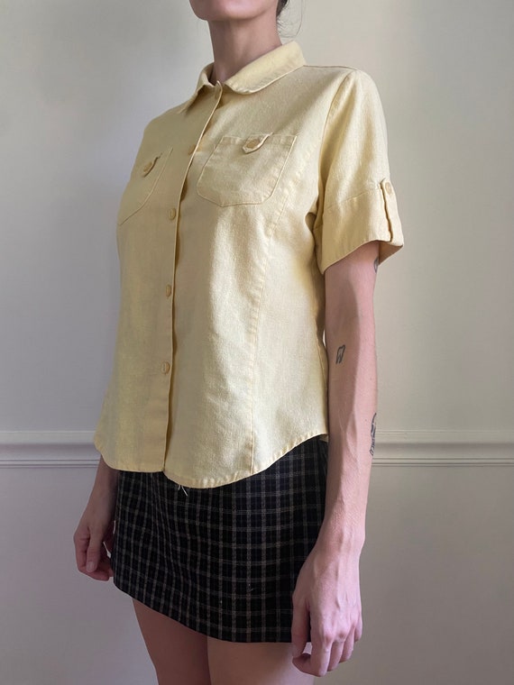 Pale Yellow Linen Blend Short Sleeve Button Up - image 4