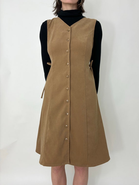 Reworked Tan Tie Back Button Front Midi Dress
