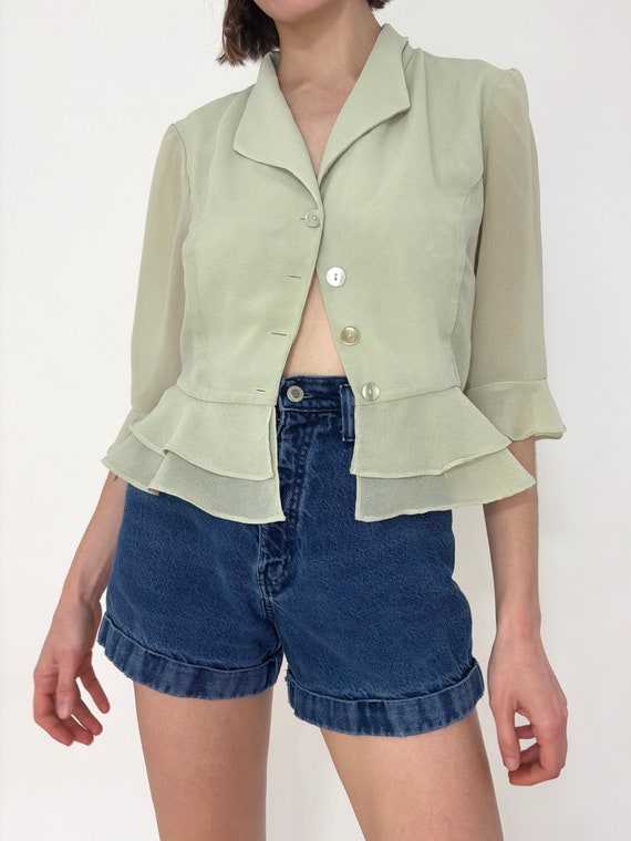 Light Green Sheer Ruffle Shirt Jacket