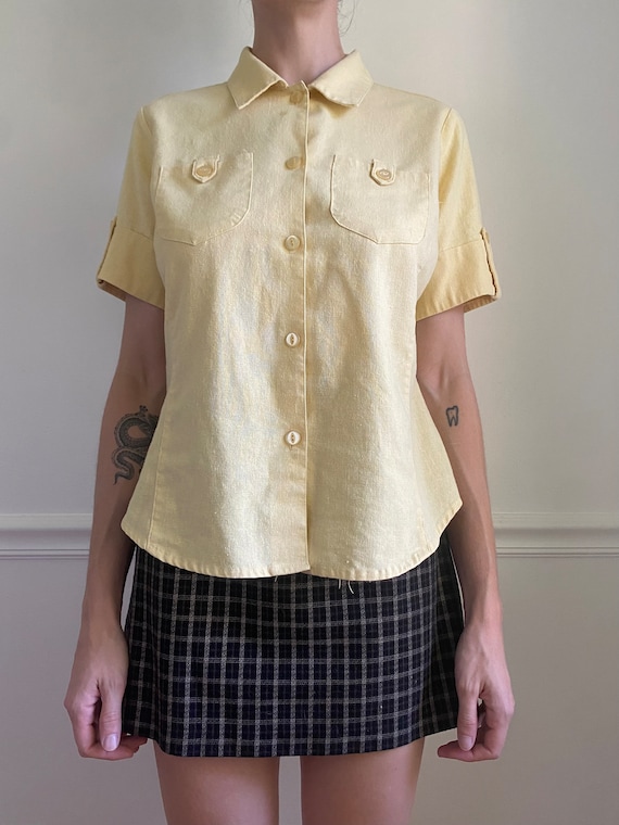Pale Yellow Linen Blend Short Sleeve Button Up - image 2
